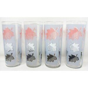 4 Libbey Frosted Glasses FallingLeaves Pink White Black MCM MidCenturyModern BS4